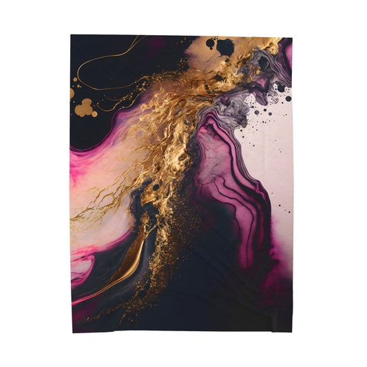 Luxurious Abstract Art Velveteen Plush Blanket - Golden Swirls and Majestic Purples - Cozy & Modern Home Decor Throw